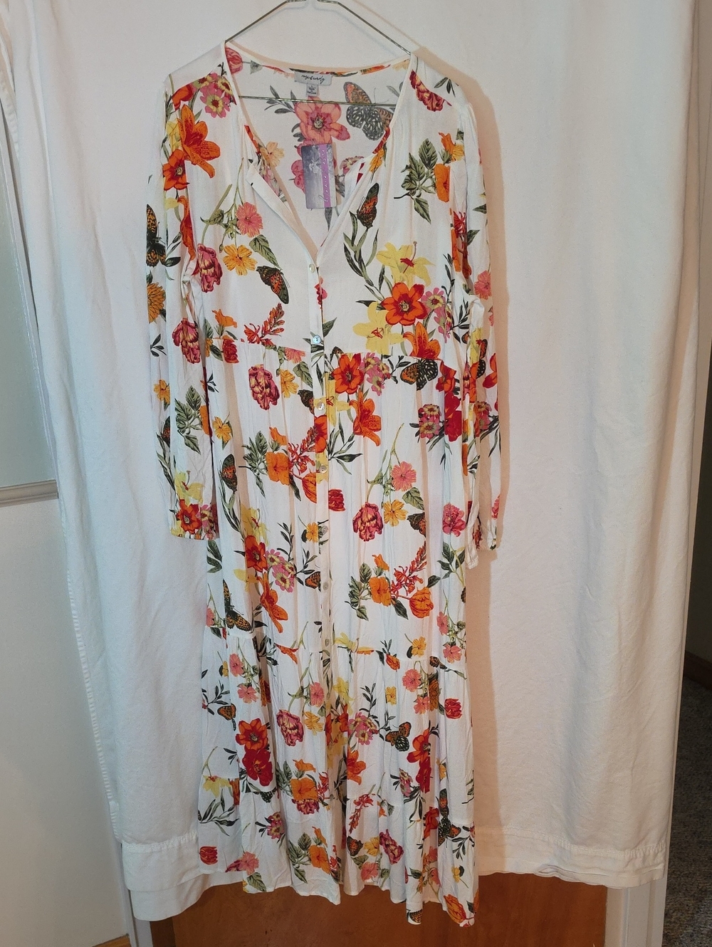 White Floral Button-Front Maxi Dress with Orange & Yellow Blooms